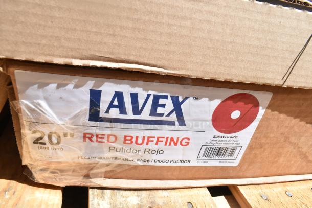Box of Lavex 20" Red Buffing Floor Pads, model 598AVG20RD, brand new, 5 per case, visible label on cardboard packaging.