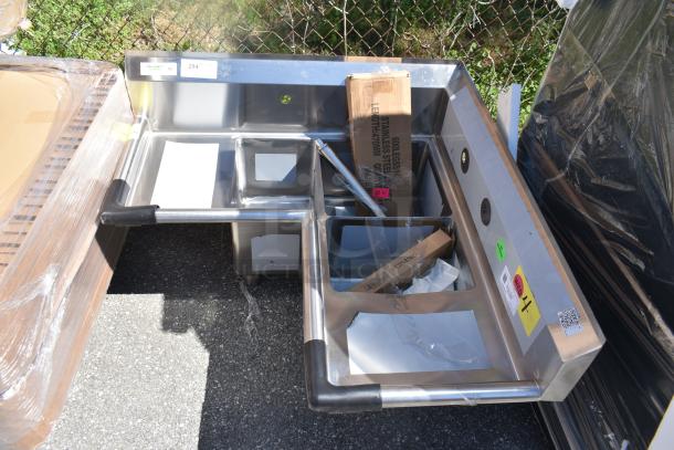 BRAND NEW Regency 39" stainless steel corner sink, three compartments, two drainboards, 16 gauge, with tags, no legs.