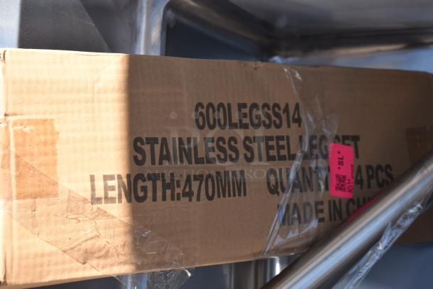 Cardboard packaging for Regency stainless steel leg set, marked "600LEGSS14," "Length: 470mm," "Qty: 4 pcs," "Made in China."
