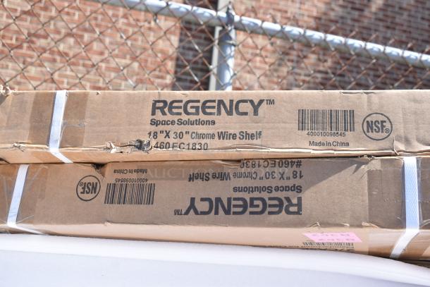 Regency 18"x30" chrome wire shelf box, part #460EC1830, NSF-certified, made in China, showing slight box wear.