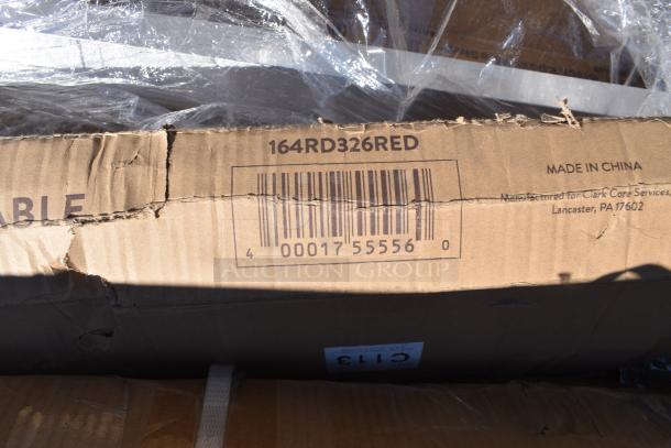 Cardboard box with barcode 164RD326RED, indicating scratch and dent items including wire shelves. Made in China.