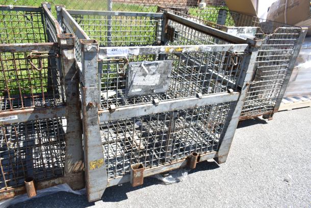 Rusty wire cage with metal grid structure, showing wear. Labels and markings indicate item number 297. Suitable for storage or transport.