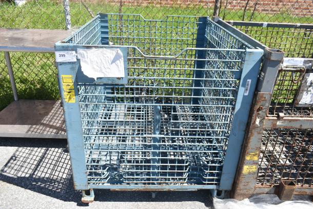 Blue wire cage with visible rust and signs of wear. Includes yellow weight limit tag. Industrial use.