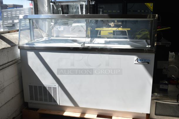 Avantco 178CPW68HC 67.75" commercial ice cream dipping cabinet, 12 tubs, white, with glass display, 115V, model visible.