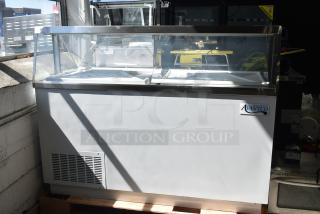 Avantco 178CPW68HC 67.75" commercial ice cream dipping cabinet, 12 tubs, white, with glass display, 115V, model visible.