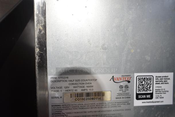 Avantco 177CO16 Half Size Countertop Convection Oven label, showing voltage, wattage, and manufacturing details.