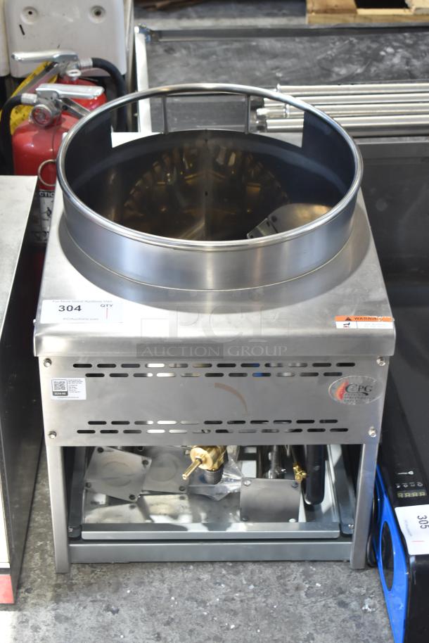 "Brand new Cooking Performance Group 351WOKR16N natural gas wok range with 16-inch ring, 125,000 BTU, selectable temperature control, and minor scratches."