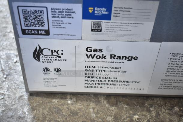 Brand new Cooking Performance Group natural gas wok range with 16" ring, 125,000 BTU. Item# 351WOKR16N, scratch and dent condition.