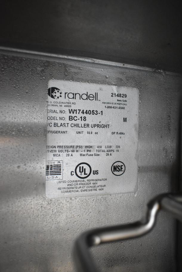 Randell BC-18 commercial blast chiller label showing model, serial number, electrical specs, and NSF certification.