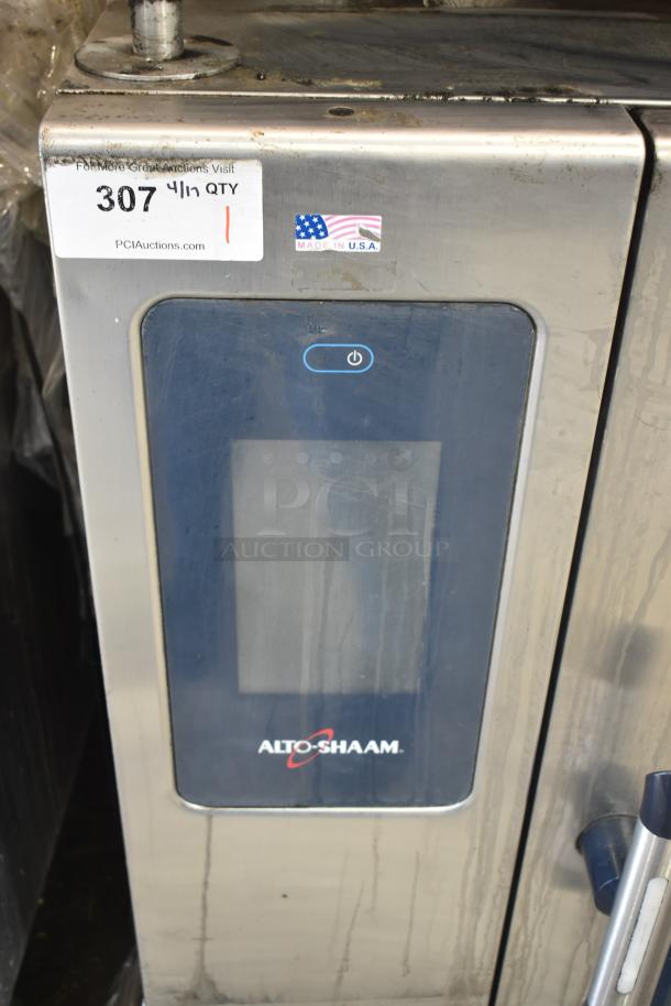 Alto Shaam CTP10-10E electric combi convection oven with stand, 208-240V, 3 phase. Features digital control panel and "Made in USA" label.