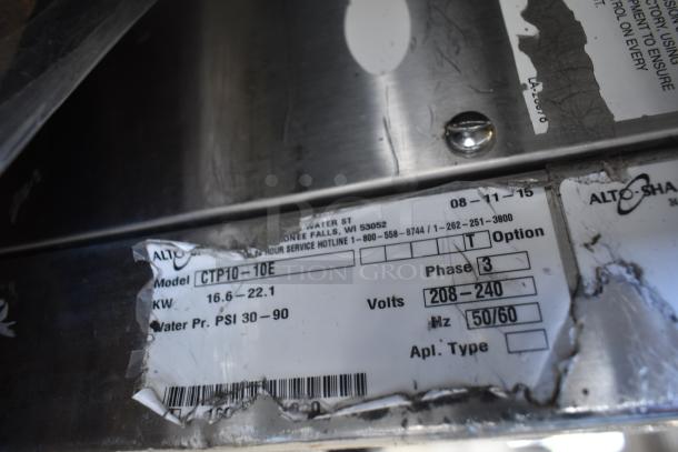 Alto Shaam CTP10-10E combi convection oven label, showing model, phase, voltage, and PSI. Item in good condition.