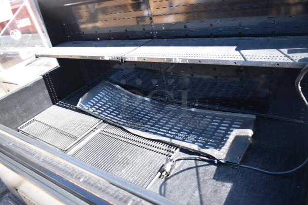 Hussmann commercial grab n go merchandiser, horizontal design, 115/208-230V, 1 phase, black interior, shelves visible.