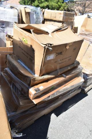 Stack of brand new scratch and dent items including tabletop and shelf, in original but damaged packaging, Regency brand.