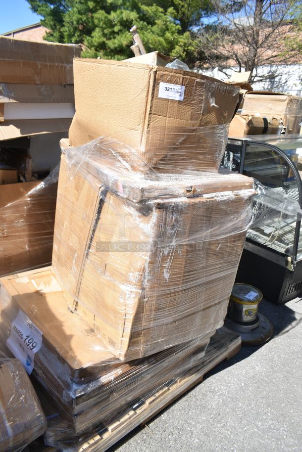 Stack of 8 brand new scratch and dent items, including a butcher block tabletop and shelf. Wrapped on pallet, labeled "MAR26-199."