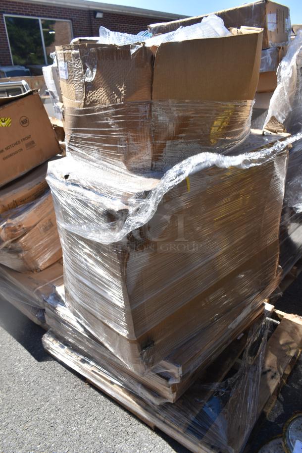 Pallet with 8 brand new scratch-and-dent items, including a butcher block tabletop, wrapped in plastic.