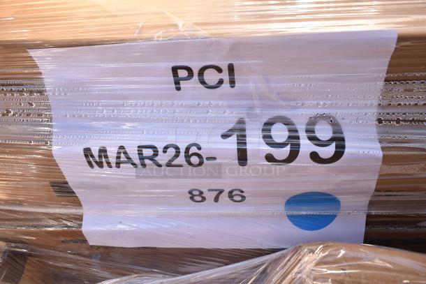 8 brand new scratch and dent items, including a butcher block tabletop and shelf, wrapped with label MAR26-199.