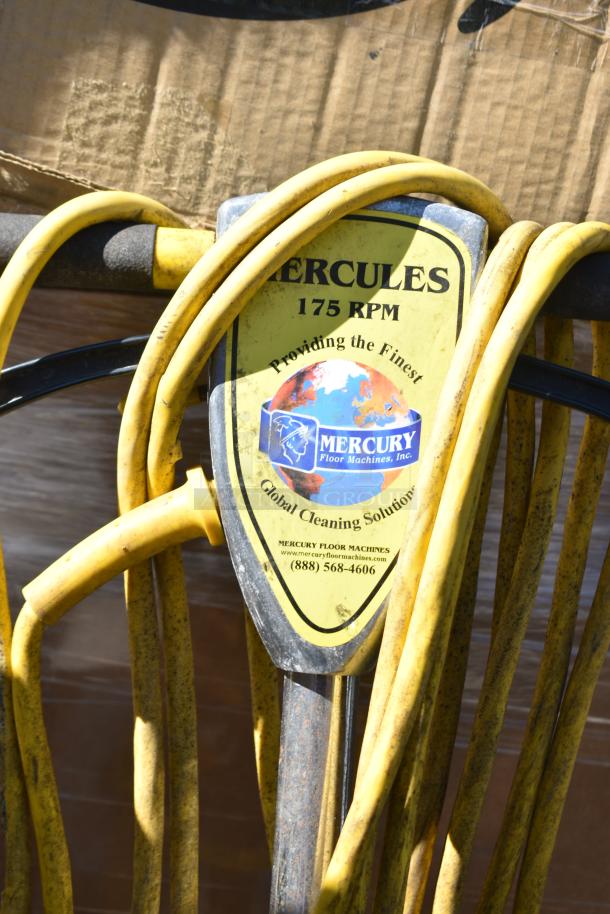Hercules 175 RPM commercial floor cleaner with yellow cord, 120 volts, 1 phase. "Mercury Floor Machines" label visible.