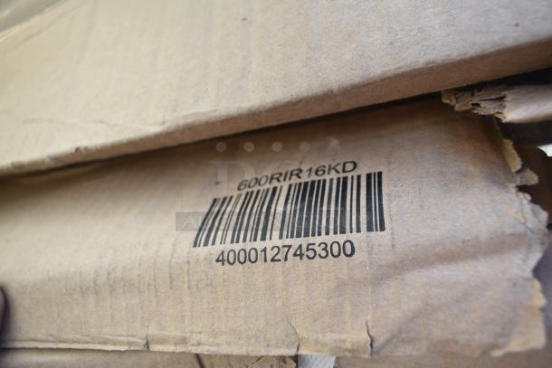 Cardboard packaging with barcode and alphanumeric code "600RIR16KD". Shows minor wear and tear.