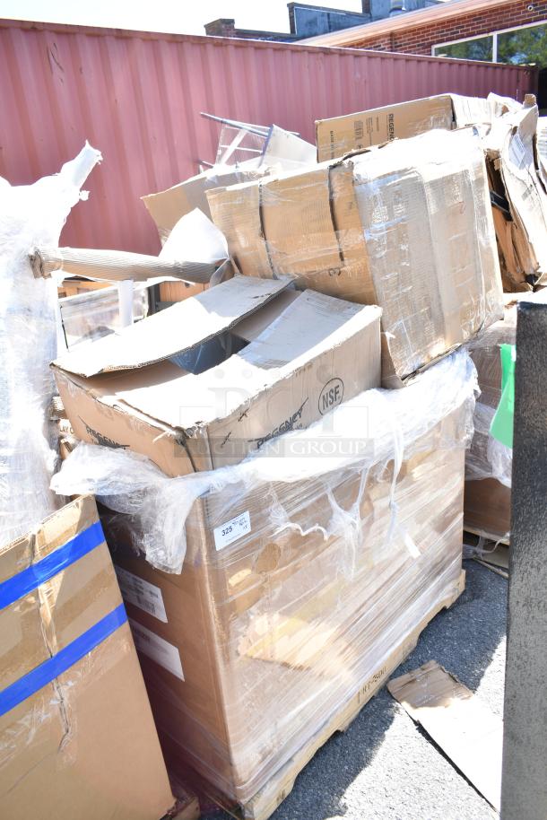 Auction items on pallet, including Regency poker chip dolly, mop sinks, posts. New, scratch, and dent condition.