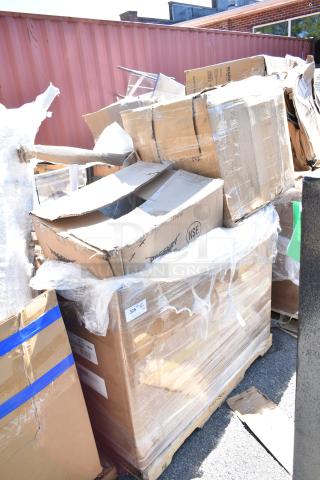 Auction items on pallet, including Regency poker chip dolly, mop sinks, posts. New, scratch, and dent condition.