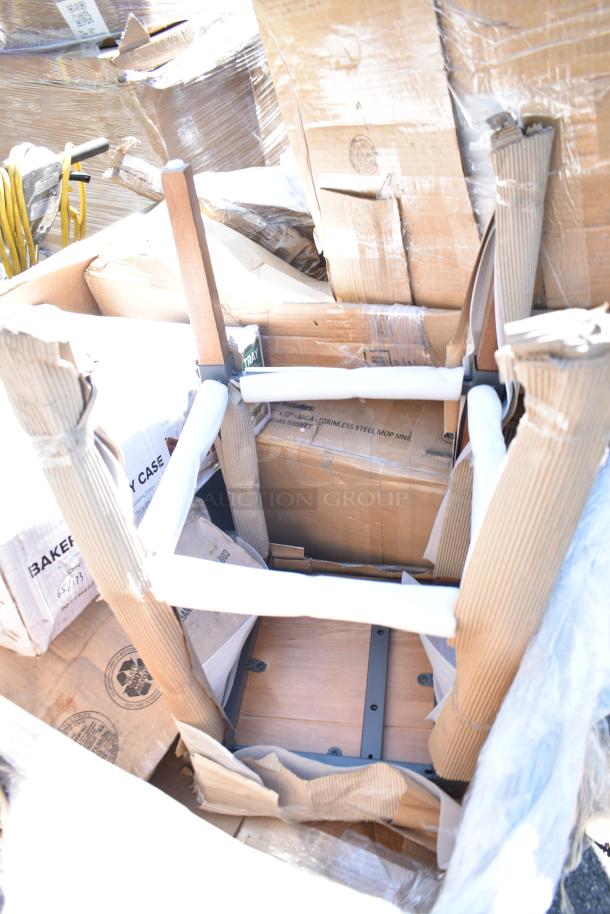 New scratch and dent items, including a poker chip dolly and mop sinks, in opened and wrapped packaging, mixed condition.