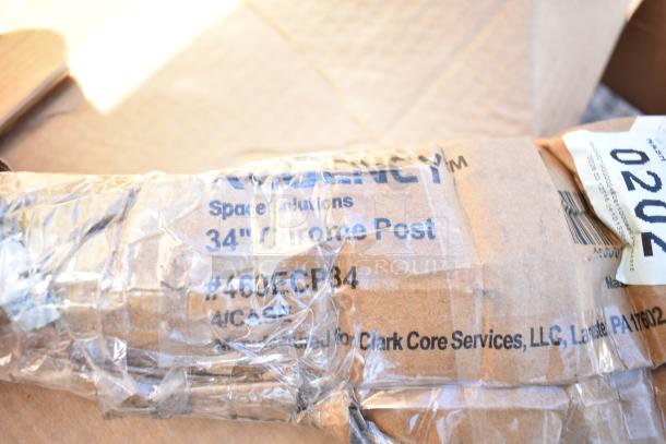 Brand new Regency 34" chrome post in packaging. Marked #460ECP34, made for Clark Core Services, LLC. Part of scratch and dent auction lot.