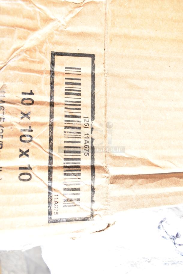 Cardboard box with barcode, labeled "10x10x10" and "11A675". Contains new scratch and dent items like mop sinks and posts.