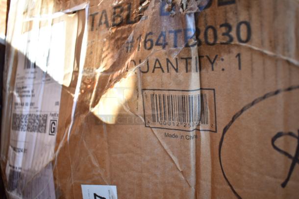 Cardboard box with visible wear, labeled #164TB8030, quantity: 1, barcode 400012 25052, "Made in China." Visible shipping labels.