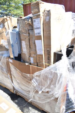 Boxes of scratch and dent items including a pan rack, platform truck, and rack cart, sealed with plastic wrap; new condition.