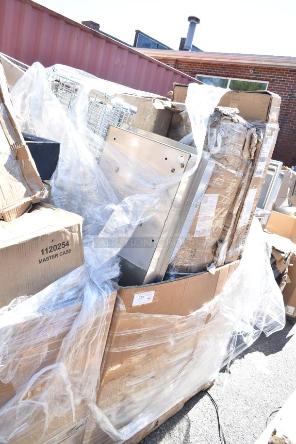 12 scratch and dent items including pan rack, platform truck, and rack cart, in packaging; master case marked 1120254.