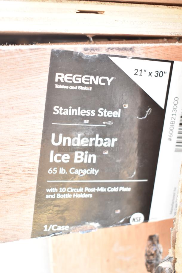 Regency stainless steel underbar ice bin, 65 lb capacity, 21"x30", includes 10 circuit post-mix cold plate and bottle holders.