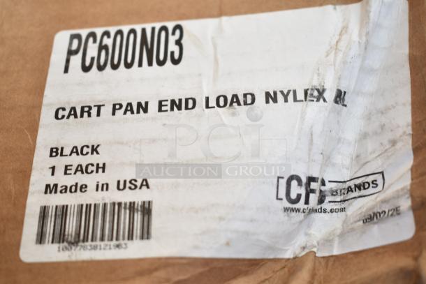 Label on a package for a CFS Brands Cart Pan End Load Nylex, model PC600N03, black, made in USA.