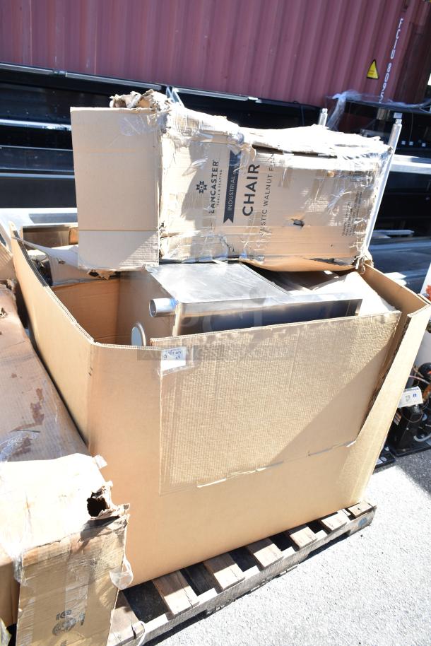Cardboard box containing new Backyard Pro dome lid and Avantco bakery oven, labeled with scratches and dents.