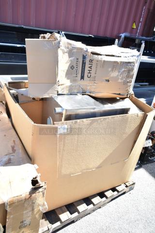 Cardboard box containing new Backyard Pro dome lid and Avantco bakery oven, labeled with scratches and dents.
