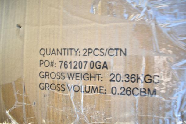 Packaging with text showing "Quantity: 2PCS/CTN, PO#: 7612070GA, Gross Weight: 20.36KGS, Gross Volume: 0.26CBM".
