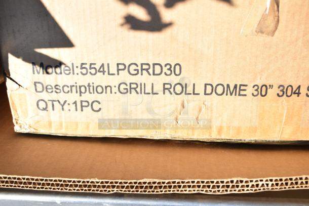 Cardboard box labeled with Model: 554LPGRD30, Description: GRILL ROLL DOME 30", QTY: 1PC. Box shows minor wear.