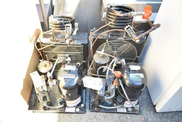 Two Tecumseh compressors, 208-230V, 1 phase, visible wiring, and labels, fair condition. Auction offers two items.