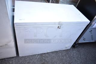 FFCW9NKRW chest freezer, 115V, 1 phase. White exterior with lock. Some surface wear visible. Model label indicates FFCW9NKRW.