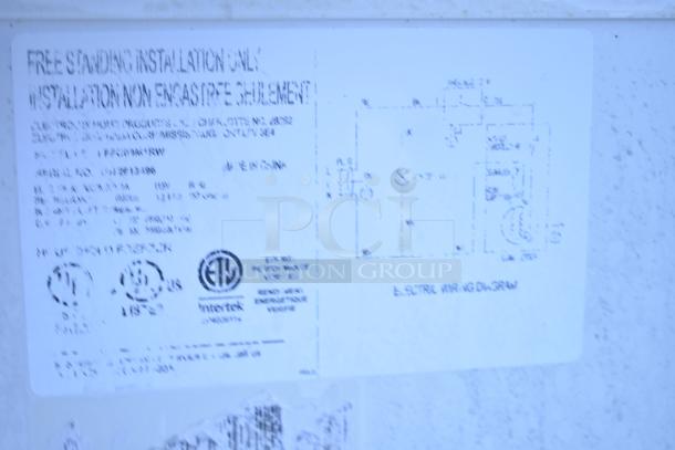 Chest freezer label, model FFCW9NKRW. Shows installation details, 115 volts, one phase. Contains certification seals.