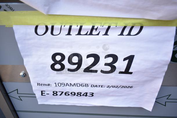 Brand new Advance Tabco AMD-6B 74" portable bar with stainless steel doors, interior; shows outlet ID 89231 and item details.