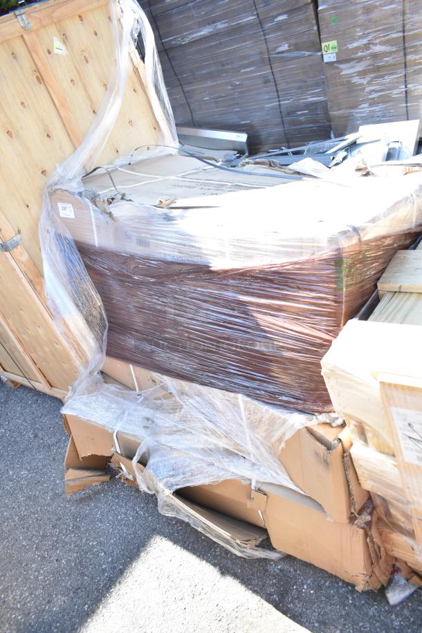 Four new, unpackaged 460EB2448SLT Regency EB-2448-SLT 24" x 48" black epoxy slanted wire shelves, slightly dented.