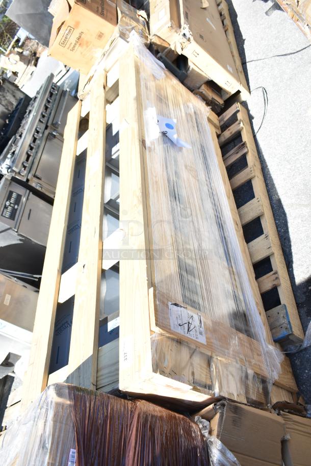 Brand new Advance Tabco FC-3-1620-18RL stainless steel sink, 84", three compartments, two drainboards, wrapped.