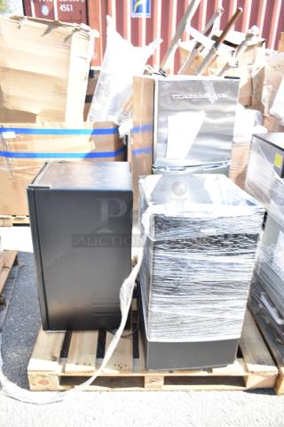 Three mini coolers including Frigidaire EFR451-D and Galanz GLR33MBKE23, 115 volts, 1 phase, on a pallet, wrapped in plastic.