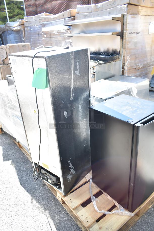 Three mini coolers, including Frigidaire EFR451-D and Galanz GLR33MBKE23, in fair condition on a pallet.
