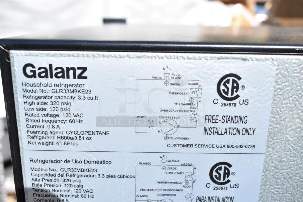 Galanz mini cooler label, model GLR33MBKE23, 3.3 cu. ft., 120 VAC, R600a refrigerant, CSA certified, 41.89 lbs.