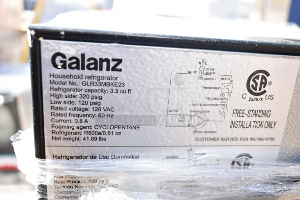 Galanz GLR33MBKE23 mini cooler label, 3.3 cu.ft capacity, 120 VAC, 115 volts, 1 phase, 41.89 lbs, CSA certified.