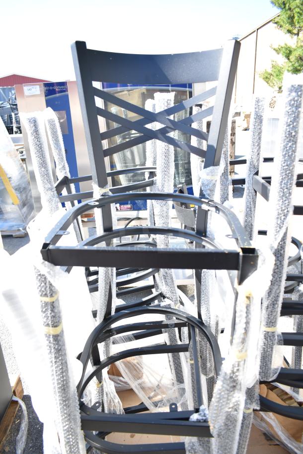 8 new Lancaster Table & Seating black ladder chair frames, model 164BCROSSFRN, shown with packaging.