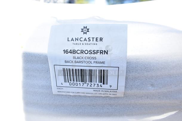 Lancaster Table & Seating 164BCROSSFRN black ladder chair frame, new scratch and dent, 8 units. Label shows product details.