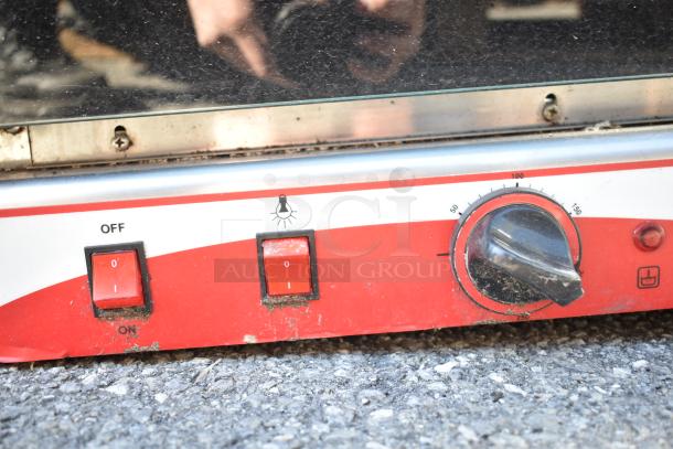 Empero EMP.PFE4-U Commercial Countertop Convection Oven, red and silver finish, visible controls and dials, used condition.