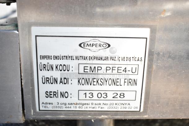 Empero EMP.PFE4-U convection oven label, indicating model, serial number 13 03 28, and 208-volt power specification.